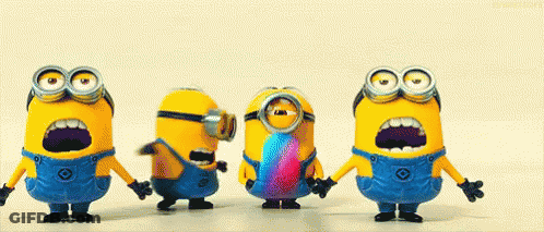A Group Of Minions Standing Next To Each Other With Their Mouths Open . GIF