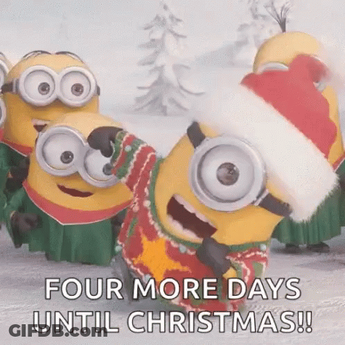 A Group Of Minions Wearing Christmas Sweaters And Santa Hats Are Standing In The Snow . GIF