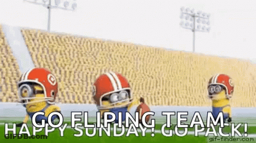 A Group Of Minions Wearing Football Helmets Are Standing On A Field With The Words Go Flipping Team Happy Sunday Go Pack GIF