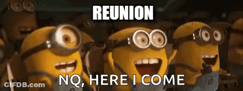 A Group Of Minions Wearing Goggles Are Standing Next To Each Other With The Words `` Reunion No Here I Come '' . GIF