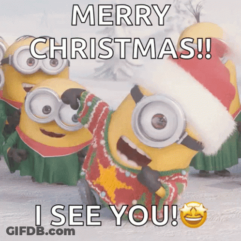 A Group Of Minions Wearing Santa Hats And Sweaters Say Merry Christmas ! I See You ! GIF