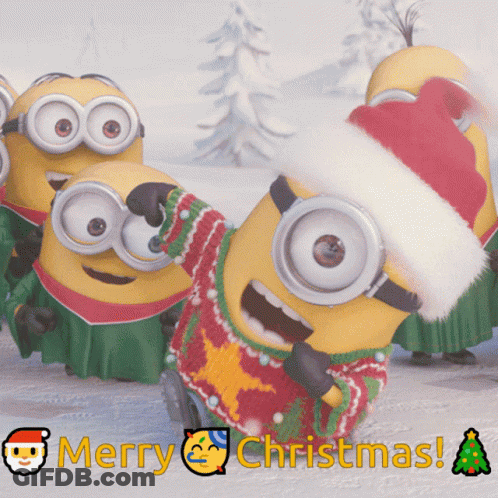 A Group Of Minions Wearing Santa Hats And Sweaters With Merry Christmas Written Below Them GIF