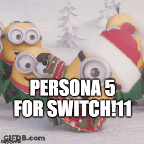 A Group Of Minions Wearing Santa Hats And Sweaters With The Caption Persona 5 For Switch GIF