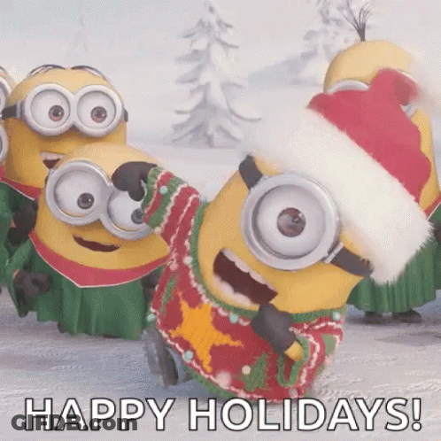 A Group Of Minions Wearing Santa Hats And Sweaters With The Words Happy Holidays GIF