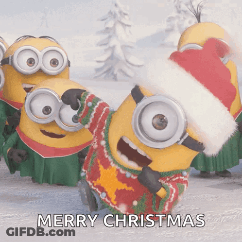 A Group Of Minions Wearing Santa Hats And Sweaters With The Words Merry Christmas Written Below Them GIF