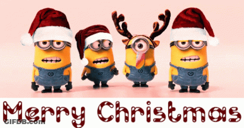 A Group Of Minions Wearing Santa Hats With Merry Christmas Written Below Them GIF