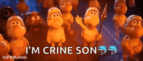 A Group Of Monkeys Are Standing Next To Each Other With The Words I 'M Crine Son Written Above Them GIF