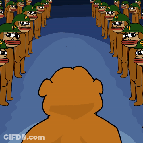 A Group Of Monkeys Wearing Green Hats With Letters P And Q On Them GIF