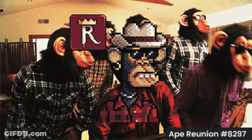A Group Of Monkeys Wearing Plaid Shirts Are Standing In A Room With The Ape Reunion # 8297 GIF