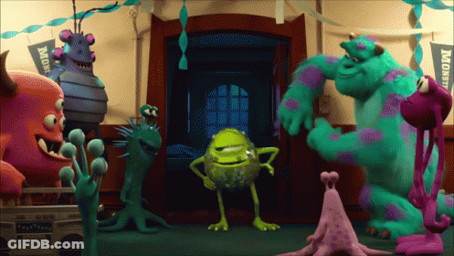 A Group Of Monsters Are Gathered In A Hallway With A Banner That Says ' Monsters ' On It GIF