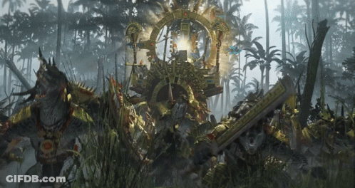 A Group Of Monsters Are Standing In A Jungle With A Statue In The Background That Says ' Apocalypse ' On It GIF