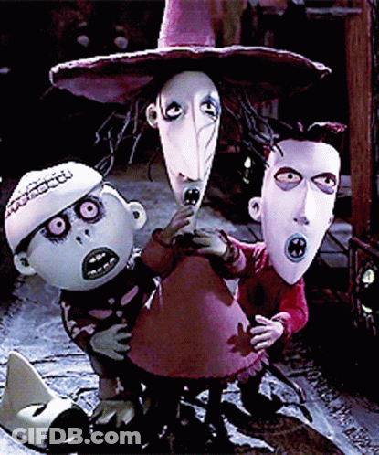 A Group Of Nightmare Before Christmas Characters Including A Witch GIF
