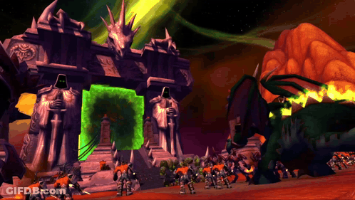 A Group Of Orcs Are Standing In Front Of A Gate With A Green Portal GIF