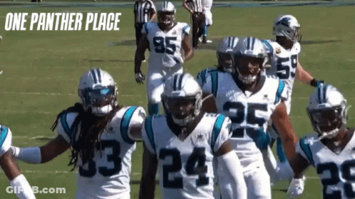 A Group Of Panthers Football Players Standing On A Field GIF