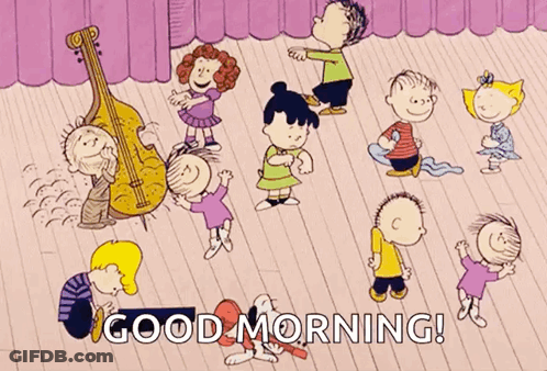 A Group Of Peanuts Characters Are Dancing On A Stage With The Words " Good Morning " Written Below Them GIF