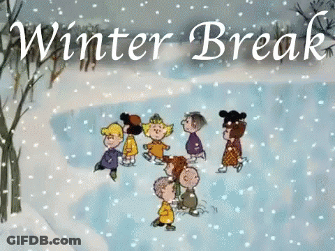 A Group Of Peanuts Characters Are Skating In The Snow With The Words Winter Break Above Them GIF