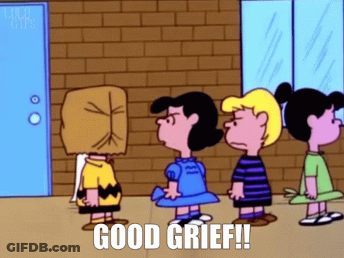 A Group Of Peanuts Characters Are Standing In Front Of A Door That Says Good Grief On It GIF