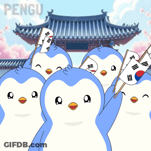 A Group Of Penguins Are Holding Flags In Front Of A Building And The Word Pengu Is On The Bottom GIF