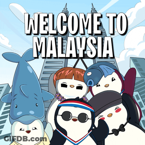 A Group Of Penguins Are Posing For A Picture With The Words Welcome To Malaysia Above Them GIF