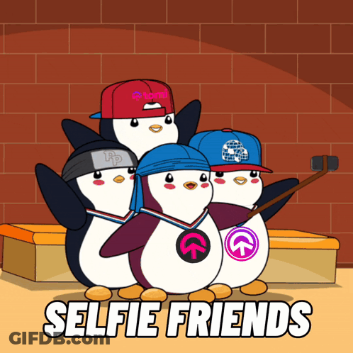 A Group Of Penguins Are Posing For A Selfie With The Words Selfie Friends Below Them GIF