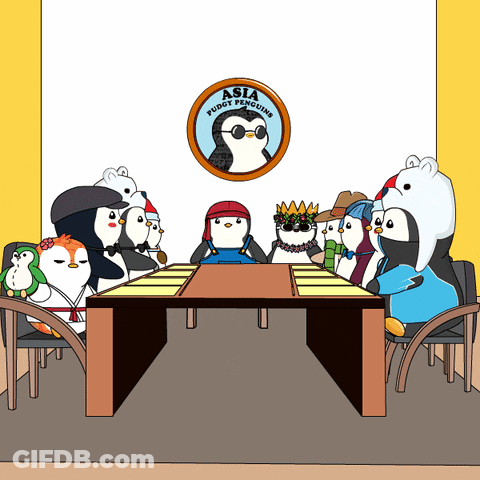 A Group Of Penguins Are Sitting Around A Table With A Logo That Says Asia Fudgey Penguins GIF