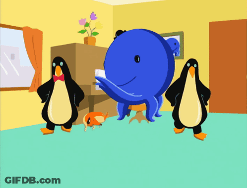 A Group Of Penguins Are Standing Around A Blue Octopus GIF