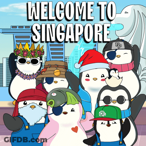 A Group Of Penguins Are Standing In Front Of A Sign That Says " Welcome To Singapore " GIF