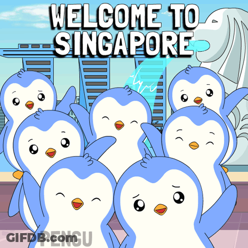 A Group Of Penguins Are Standing In Front Of A Sign That Says " Welcome To Singapore " GIF
