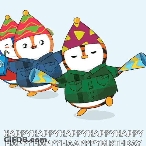 A Group Of Penguins Are Wearing Party Hats And Holding Party Cones GIF