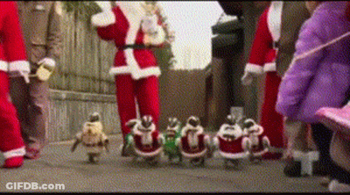 A Group Of Penguins Dressed As Santa Claus Are Walking Down A Street GIF
