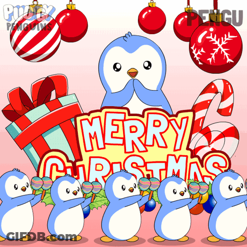 A Group Of Penguins Holding Lollipops In Front Of A Merry Christmas Sign GIF