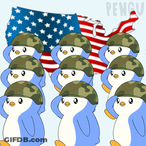 A Group Of Penguins In Military Uniforms Salute In Front Of A Flag GIF
