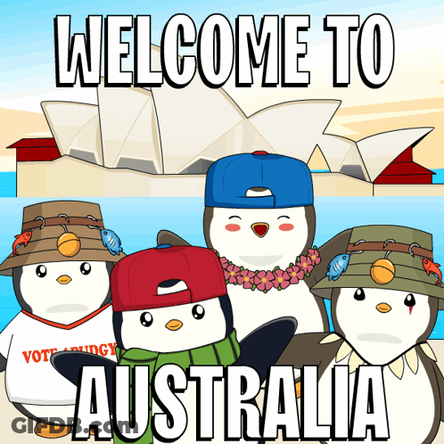 A Group Of Penguins Standing In Front Of The Opera House With The Words Welcome To Australia On The Bottom GIF