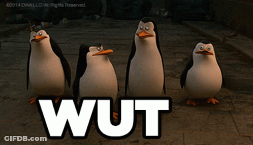 A Group Of Penguins Standing Next To Each Other With The Word Wut Below Them GIF