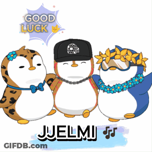 A Group Of Penguins Standing Next To Each Other With The Words Good Luck Written Above Them GIF