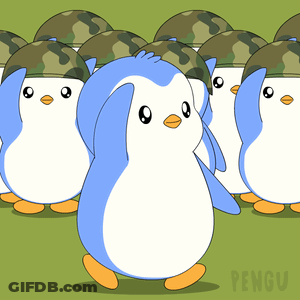 A Group Of Penguins Wearing Military Hats With The Word Pengu On The Bottom Right GIF