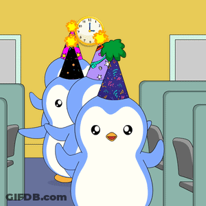 A Group Of Penguins Wearing Party Hats Are Standing In Front Of A Clock That Says L. GIF