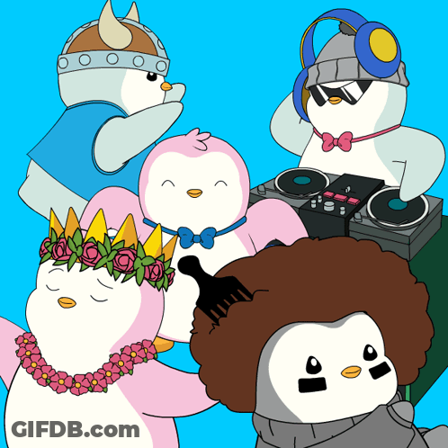 A Group Of Penguins With One Wearing Headphones GIF
