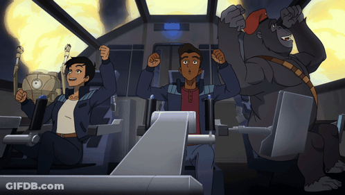 A Group Of People And A Gorilla Are Sitting In A Space Ship GIF