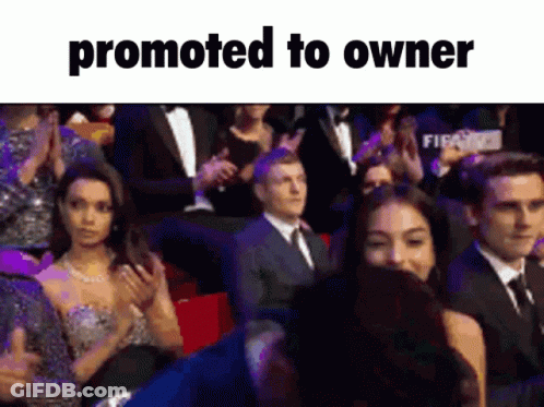 A Group Of People Applauding With The Words Promoted To Owner Below Them GIF