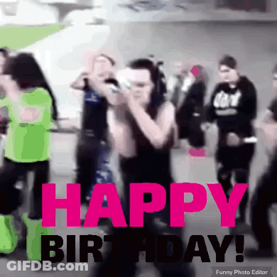 A Group Of People Are Dancing And The Words Happy Birthday Are Visible GIF