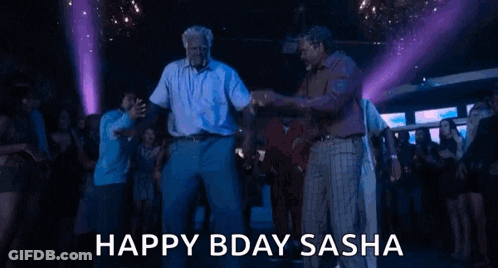 A Group Of People Are Dancing In A Club And The Words `` Happy Bday Sasha '' Are Written On The Bottom . GIF