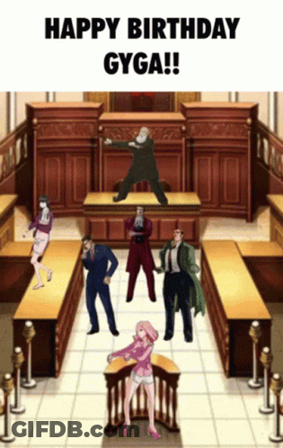 A Group Of People Are Dancing In A Courtroom With The Caption Happy Birthday Gyga !! GIF