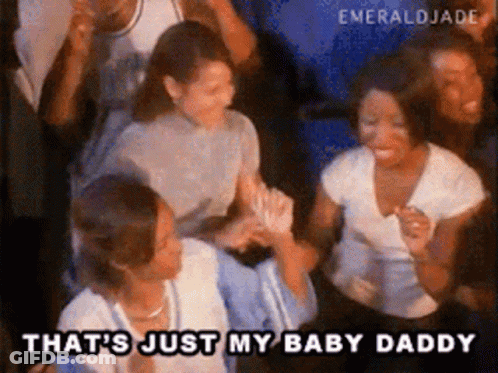 A Group Of People Are Dancing In A Crowd And One Of Them Is Saying That 'S Just My Baby Daddy . GIF