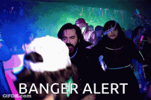 A Group Of People Are Dancing In A Dark Room With Banger Alert Written On The Bottom Right GIF
