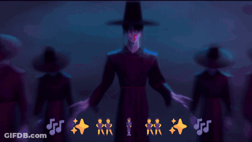 A Group Of People Are Dancing In A Dark Room With Music Notes Surrounding Them GIF