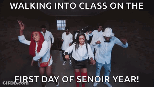 A Group Of People Are Dancing In A Dark Room With The Caption Walking Into Class On The First Day Of Senoir Year GIF
