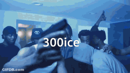 A Group Of People Are Dancing In A Dark Room With The Words 300Ice Written On The Bottom GIF