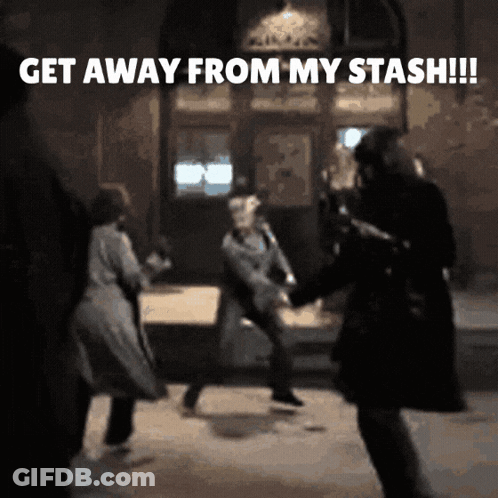 A Group Of People Are Dancing In A Dark Room With The Words Get Away From My Stash GIF