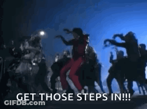 A Group Of People Are Dancing In A Dark Room With The Words `` Get Those Steps In !!! '' GIF